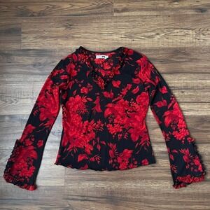 Vintage Red Floral Ruffle Trim Top Long Sleeve Blouse Gothic‎ Romantic Women L